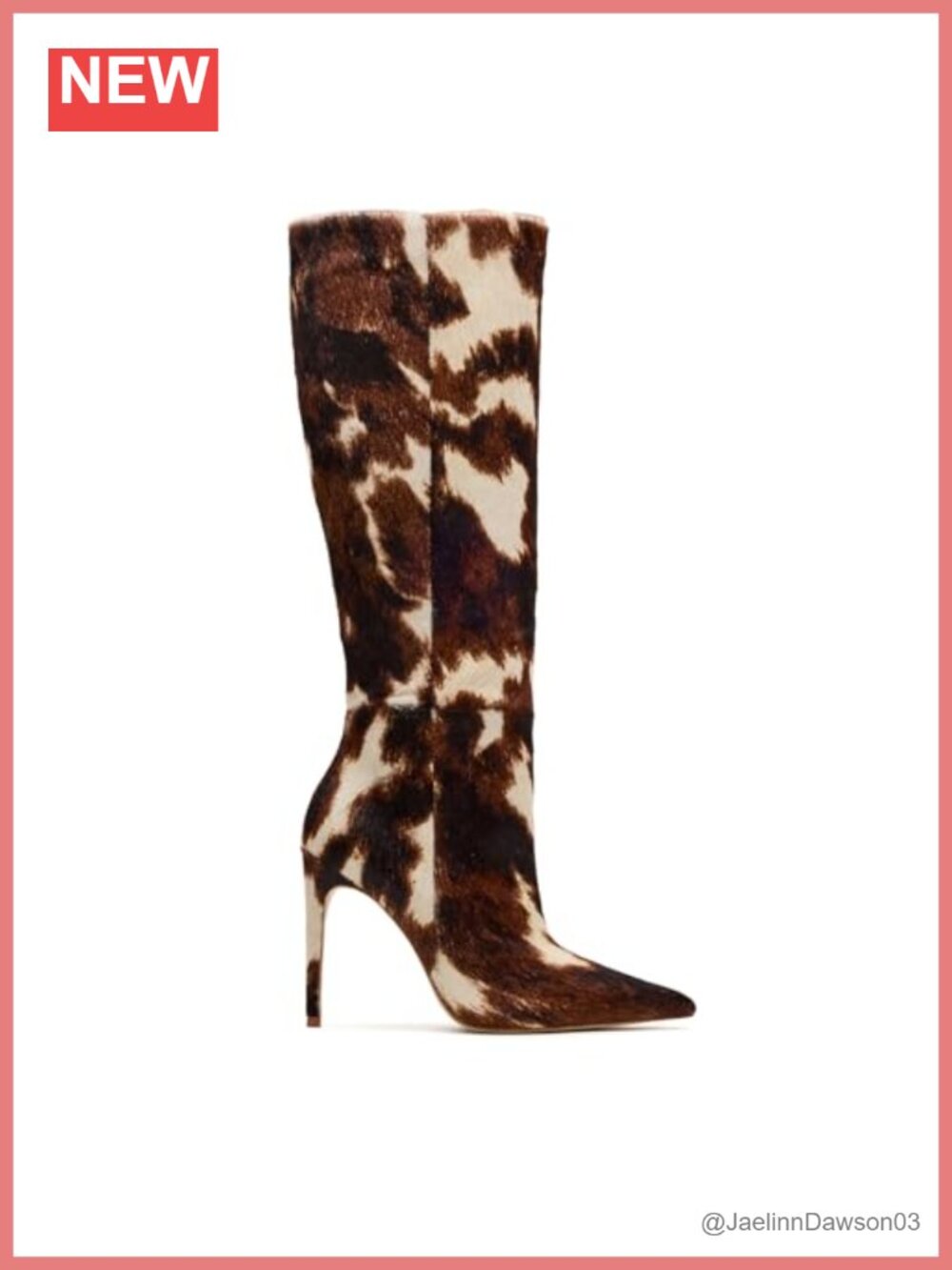 Cow Print Faux Fur Knee High Stiletto Boots with Side Zipper